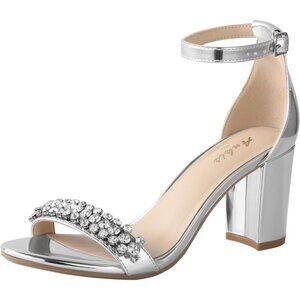 👑Women's Silver Open Toe Ankle Strap Chunky Heel Sandals with 2.75 Inch Heel